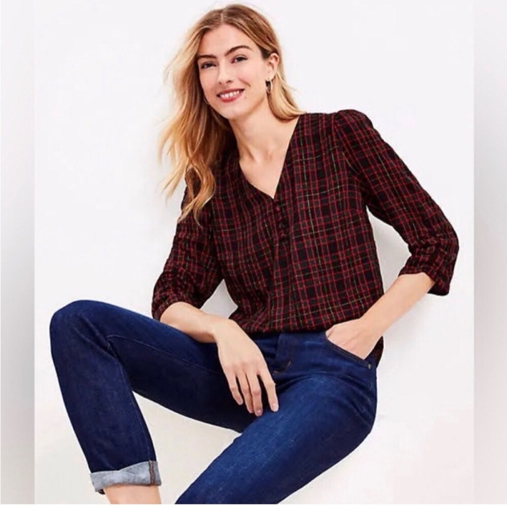 NWOT Ann Taylor LOFT Plaid Heritage Ralph Lauren Inspired 3/4 Sleeve Blouse XS